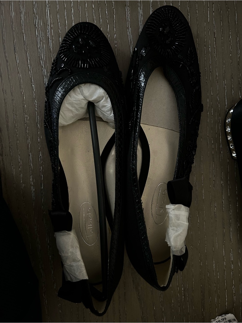Talbots Black Embellished Women’s Slingback Flats, side bow, size 9M NWT